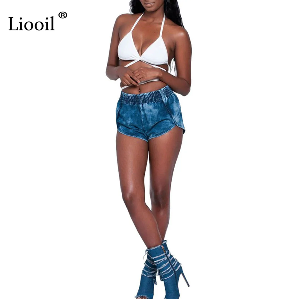 Liooil, синие винтажные джинсовые шорты для женщин, лето, эластичная талия, разрезы, повседневные женские шорты, сексуальные пляжные джинсовые шорты, спортивные штаны