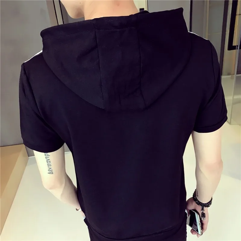 

Summer Fashion Short Sleeve Suits Pullover Hooded Casual Plain Solid Slim Fit Skins Compression Trouser For Men Suit Sets