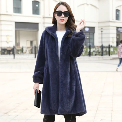 dark blue Датское Норковое женское длинное пальто из цельного меха, зимнее плотное тонкое теплое Женское пальто из меха норки, длинная куртка с капюшоном - Цвет: dark blue