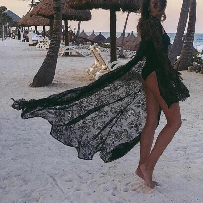 Летние женские длинные пляжные блузки длинный кружевной кардиган кафтан