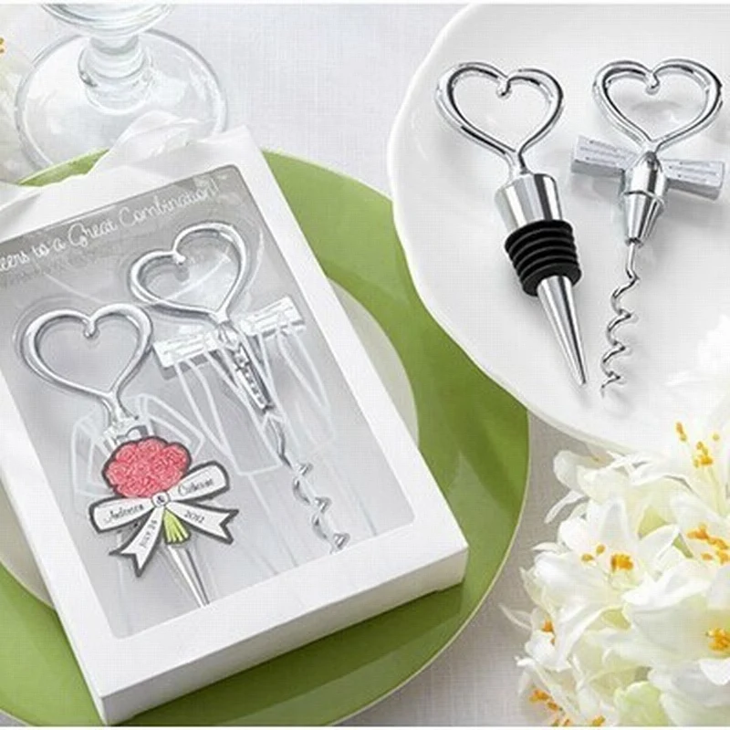 

Wholesale 30 sets Born Pair Wine Bottle Opener Heart Shaped Great Combination Corkscrew and Stopper Sets Wedding Gift