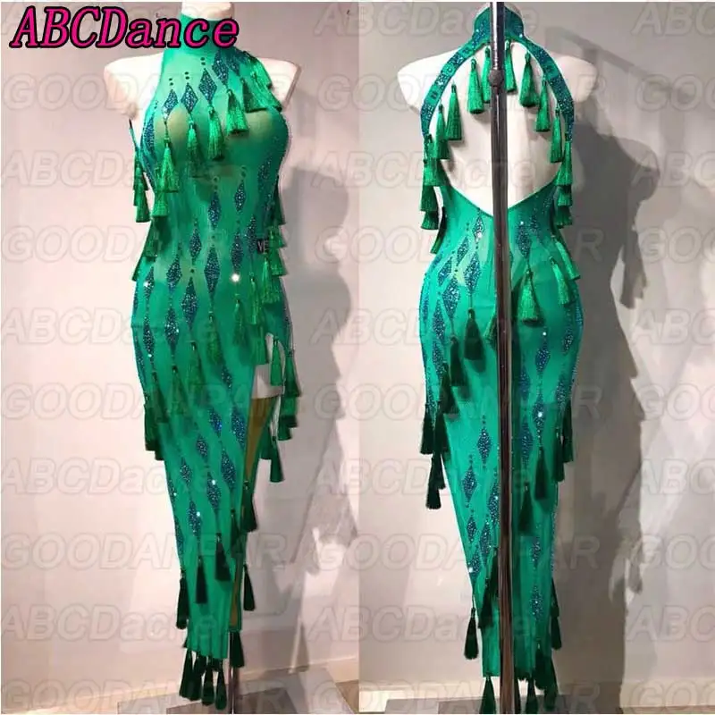 

New latin dance dress Sexy backless latin dance dress Green hight collar ballroom dance long dress customize dress handmade