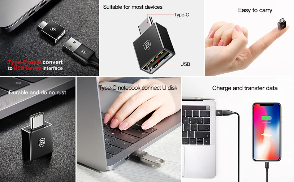 Baseus Тип C штекерным для usb-кабель 10 см адаптер конвертер для USB C к USB(мужчин и женщин) Зарядное устройство штекер OTG адаптер конвертер