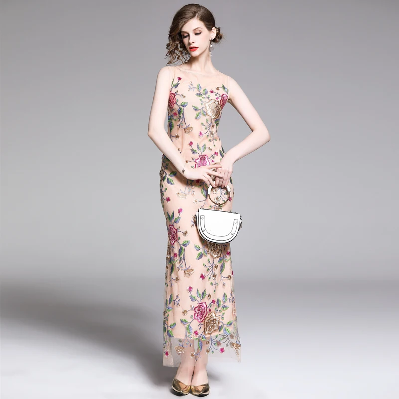 Новинка 2019 летнее женское длинное платье без рукавов с вышивкой круглым вырезом