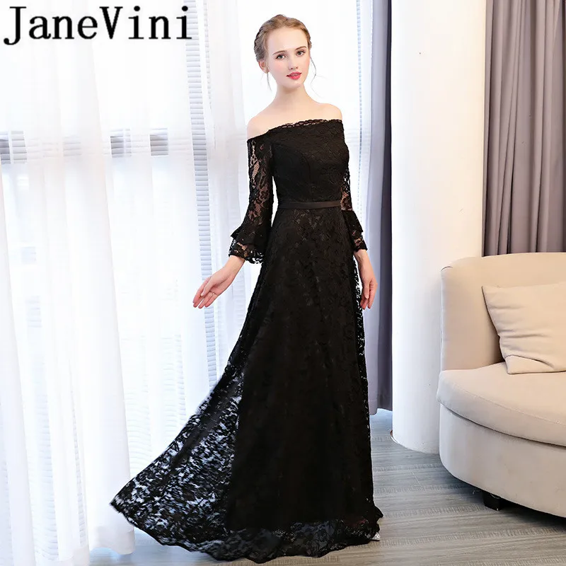 JaneVini Vintage Lace A Line Black Long Bridesmaid Dresses With Sleeve Boat Neck Backless Floor Length Women Wedding Party Dress | Свадьбы и