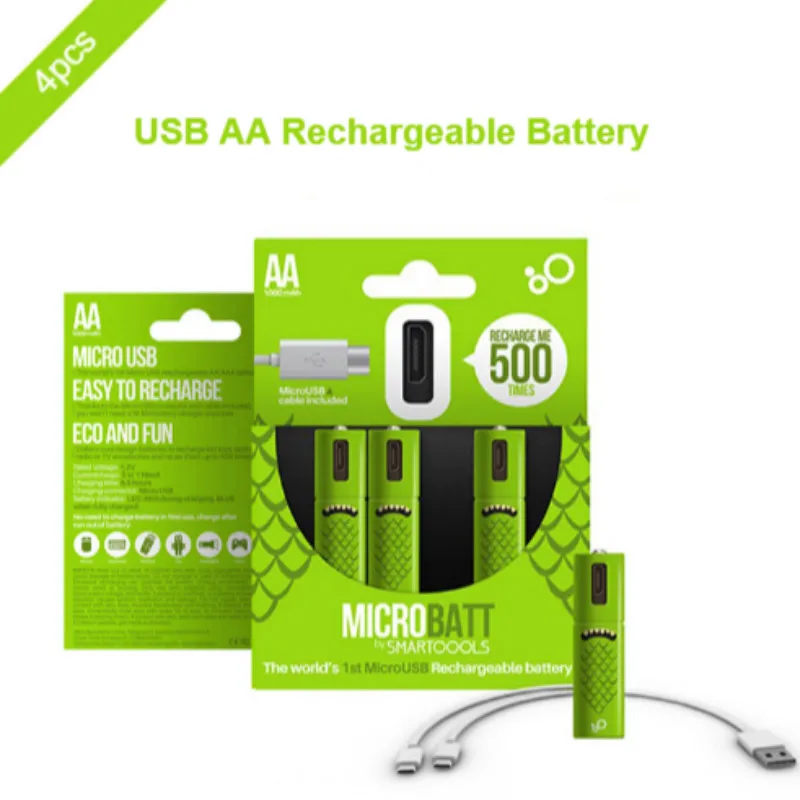 4 шт./лот Cncool 1,2 V AA Аккумуляторная батарея 1000mAh USB ni-mh аккумуляторная батарея с микро-usb кабель для зарядки SMARTOOOLS
