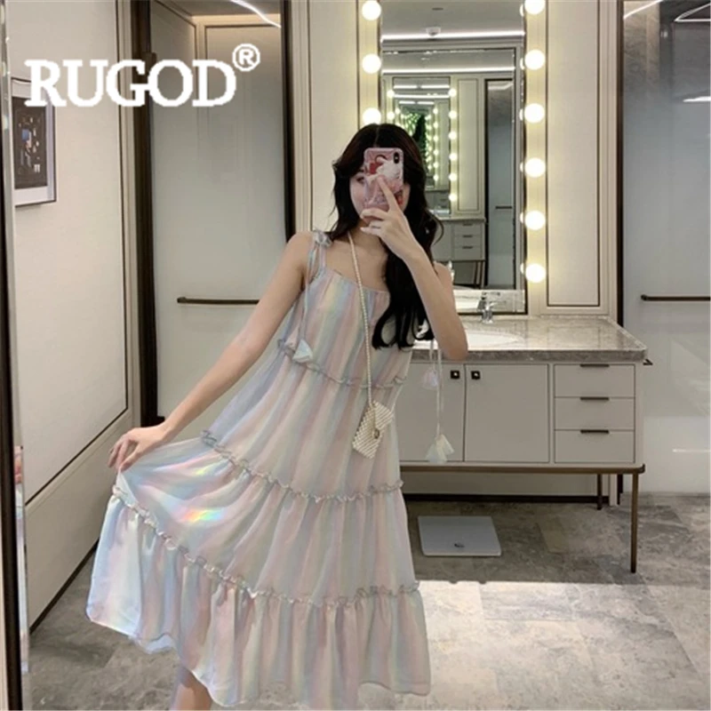 RUGOD женское Радужное шифоновое платье на тонких бретелях с кисточками и оборками Плиссированное эластичное элегантное платье Новая мода женское платье