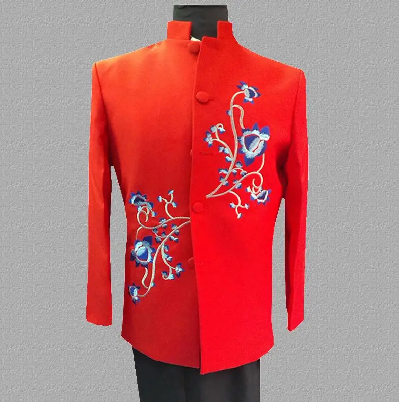 

Red blazer men suits designs embroidery jacket mens stage costumes for singers clothes dance star style dress punk stand collar