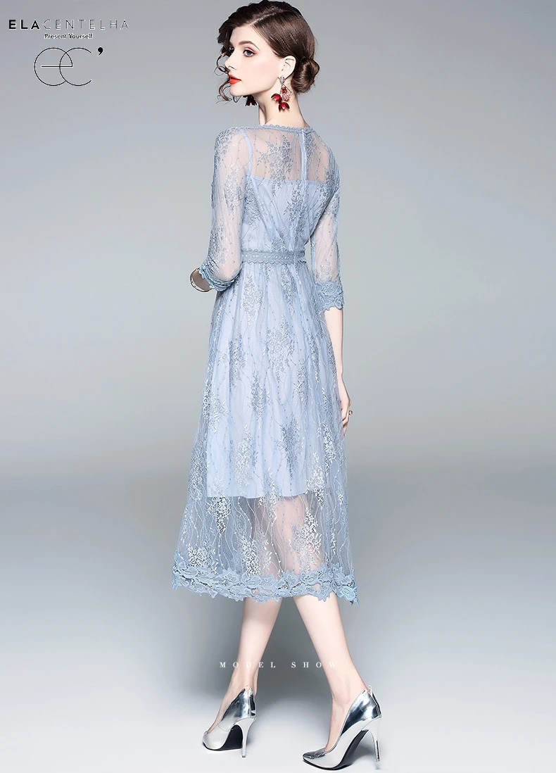 ElaCentelha Women Office Lady Dress Half Sleeve Mid-Calf Length O-Neck Collar Summer Women's A-Line Patchwork Lace New | Женская