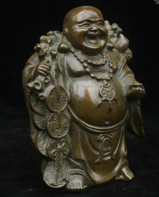 Статуя Будды 17 см китайская династия старая античная Чистая Бронзовая Yuan Bao Maitreya |