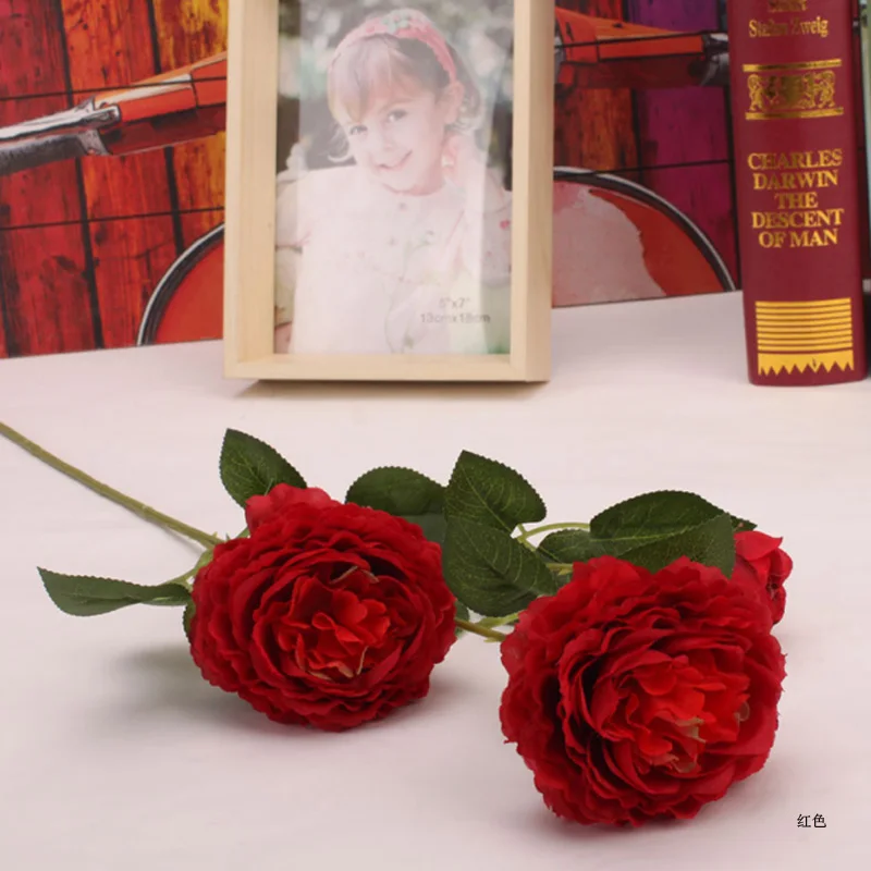 Красный 1PCS 3 Heads Fake Flowers Artificial Silk Bridal Wedding Decoration Wreath Bunch Home Decor Artificial Flowers Peony Real Touch - Цвет: Красный