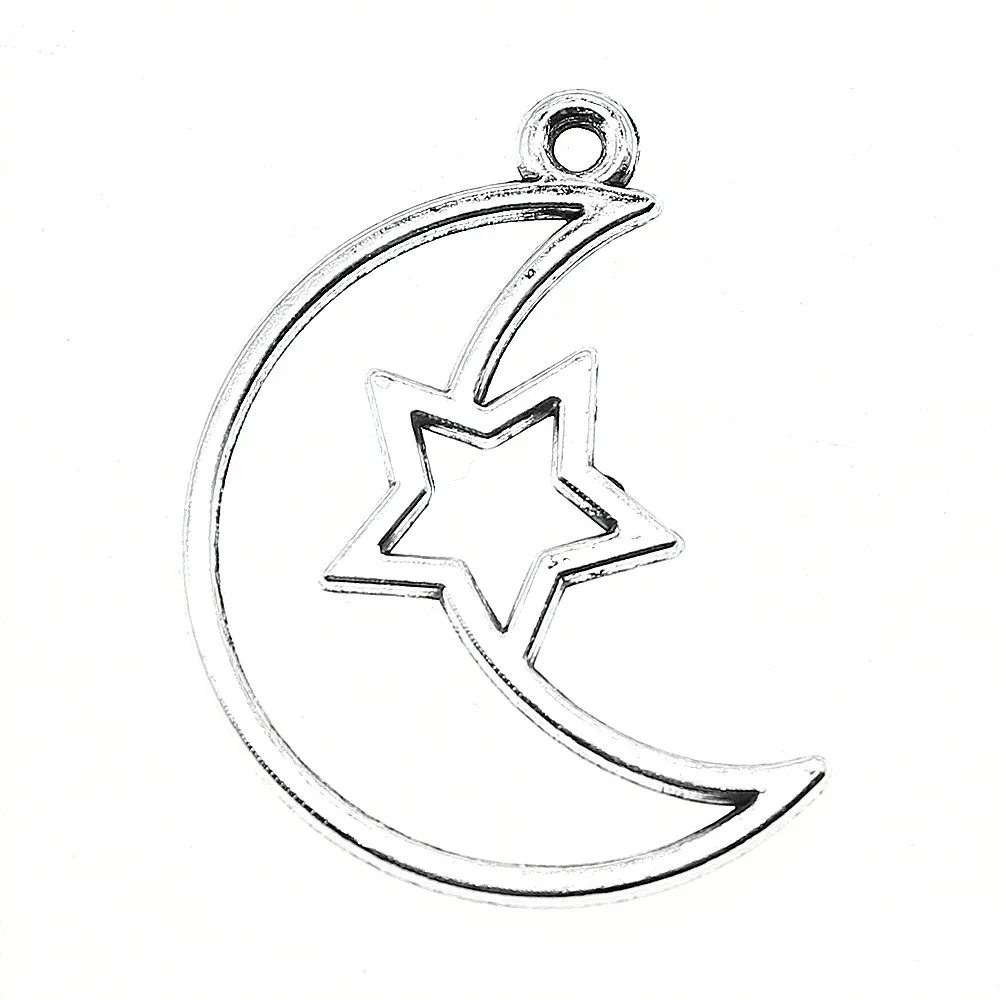 

WYSIWYG 5pcs 37x25mm UV Resin Epoxy Setting Antique Silver Color Bezel Setting Photo Crescent Moon Star Metal Frame Charm
