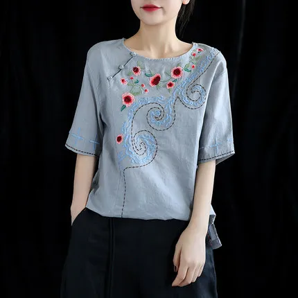 Фото Buykud женские блузки 2019 вышивка короткий рукав круглый воротник OL рубашка рами Buykud женские блузки 2019 вышивка короткий рукав круглый воротник OL рубашка рами