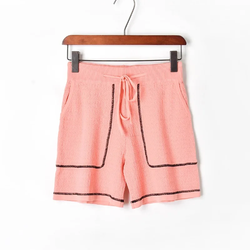 Fashion New 2019 Summer Women's Suits Two pieces Pocket Knitted T-shirt Shorts Feminine Sweet Solid Outfits Pullover Pants Set |