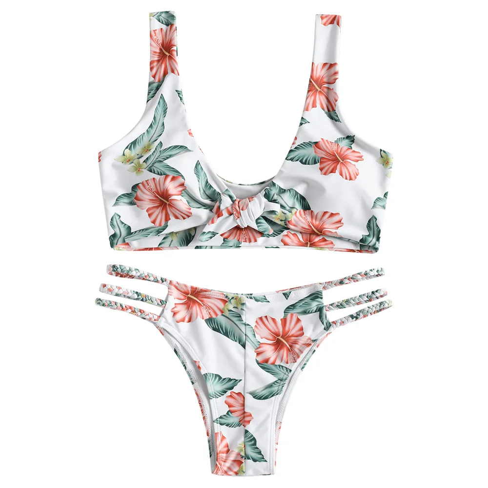 ZAFUL 2019 Новый завязанный цветочный лиф купальника и плетеные ремни низ без