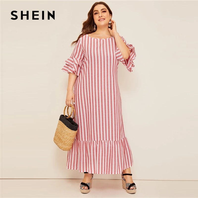 SHEIN, платье макси в полоску с рукавами-колокольчиками размера плюс, коллекция, женское Повседневное платье-туника с оборками на весну и лето