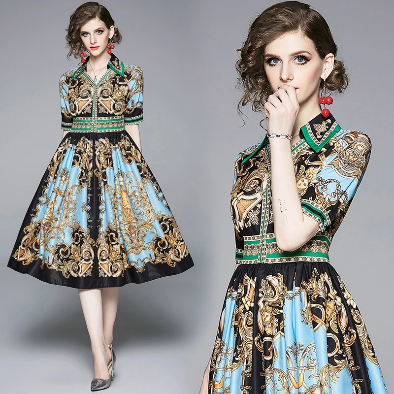 2019 new women's dresses with Print dress Vintage V-Neck | Женская одежда