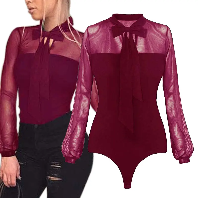 

Newly Women Long Sleeved Jumpsuit Bow Lace Mesh 1-piece Perspective Shirt Spring Summer m99