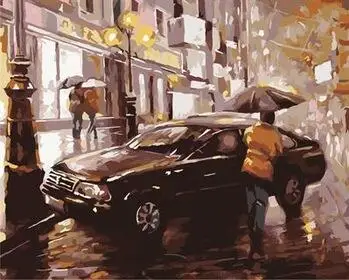 Черный автомобиль в дождь Городской Ночной пейзаж краска по номеру Набор сделай