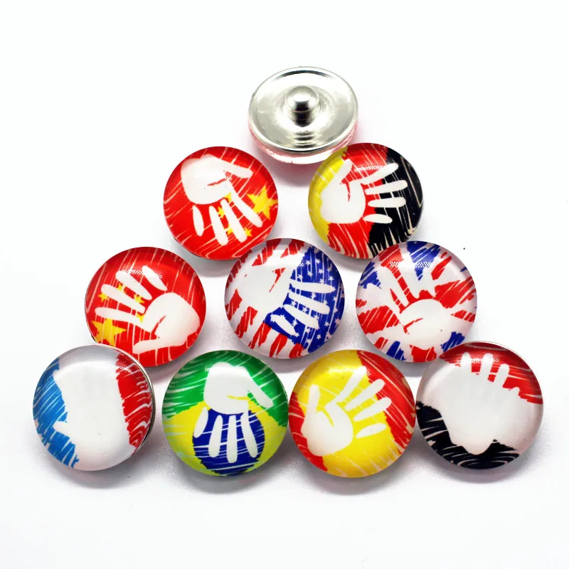 

New Arrive 20pcs/lot Hand And Flag Pattern 18mm Print Glass pretty Snap Buttons Charms Fit DIY Snap Bracelets&Bangles Jewelry