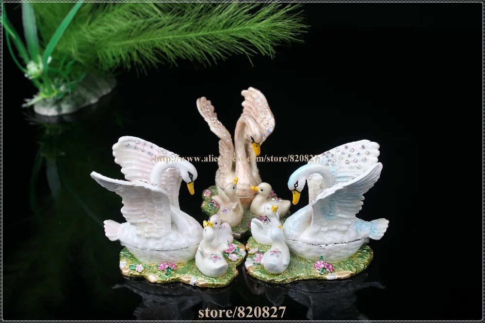 Creative Heavy Duty Pewter Crystal Enamel Swan Keepsake / Trinket Box Jewelry Box Swan Family Pewter Metal Figurine Trinket Box