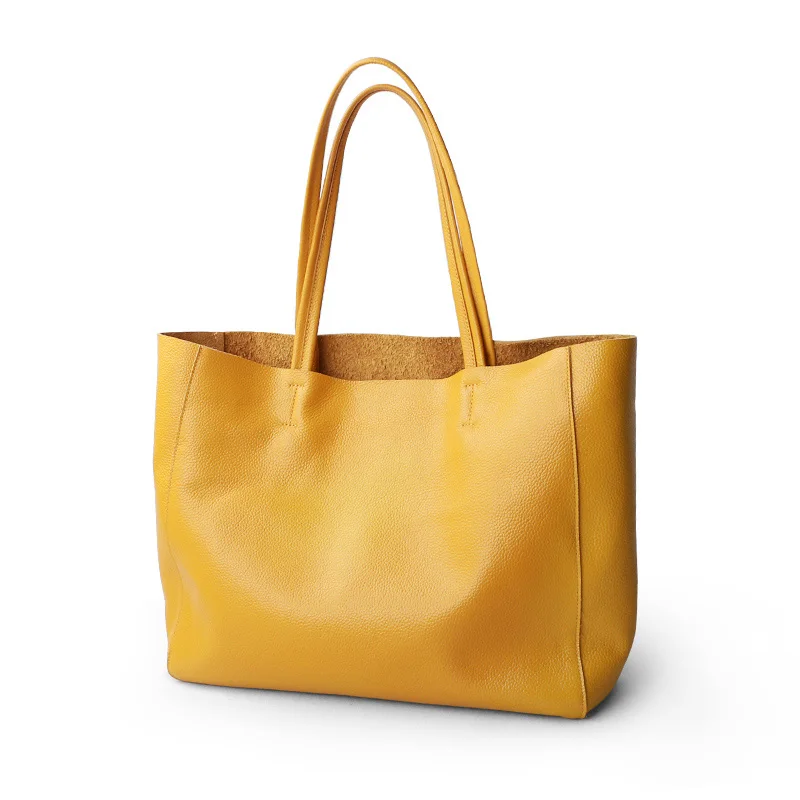 Women Luxury Bag Casual Tote Female Lemon Yellow Fashion Shoulder Handbag Lady Cowhide Genuine Leather Shoulder Shopping Bag