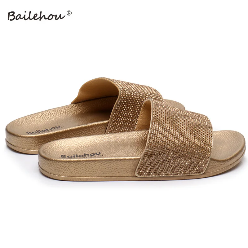 Летние пляжные шлепанцы с кристаллами золотого цвета Женские Женская обувь
