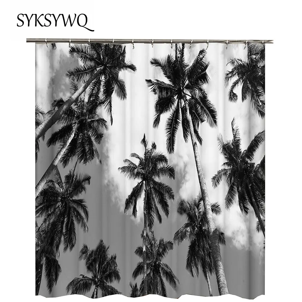 Пальмовая занавеска для душа черно белая ванной летняя дерева тропические