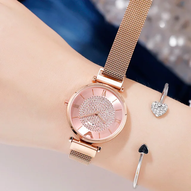 pink Роскошные часы для женщин с кристаллами под платье магнитные часы модные женские дизайнерские Montre Femme наручные часы водонепроницаемые часы xfcs - Цвет: pink