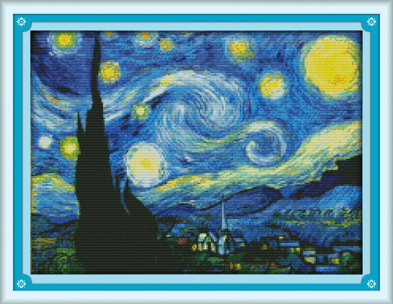 

The Starry Night of Van Gogh Scenery Cross Stitch Kits Set Printed Cotton Embroidery DIY Handmade Needlework Wall Home Decor