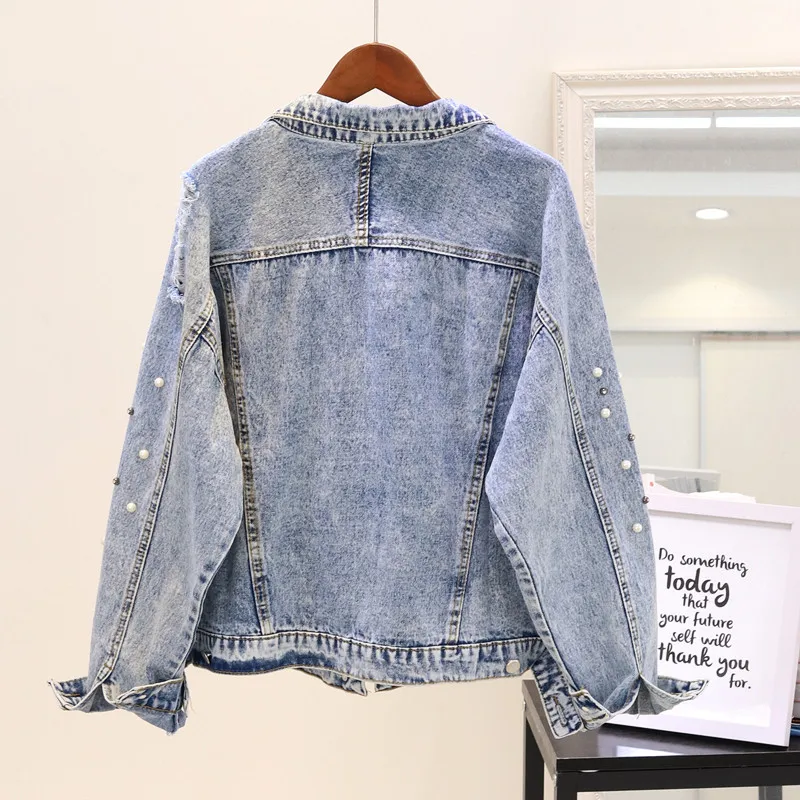 Fitaylor женские джинсовые куртки весна Harajuku Хип Хоп куртка свободный жемчуг длинный
