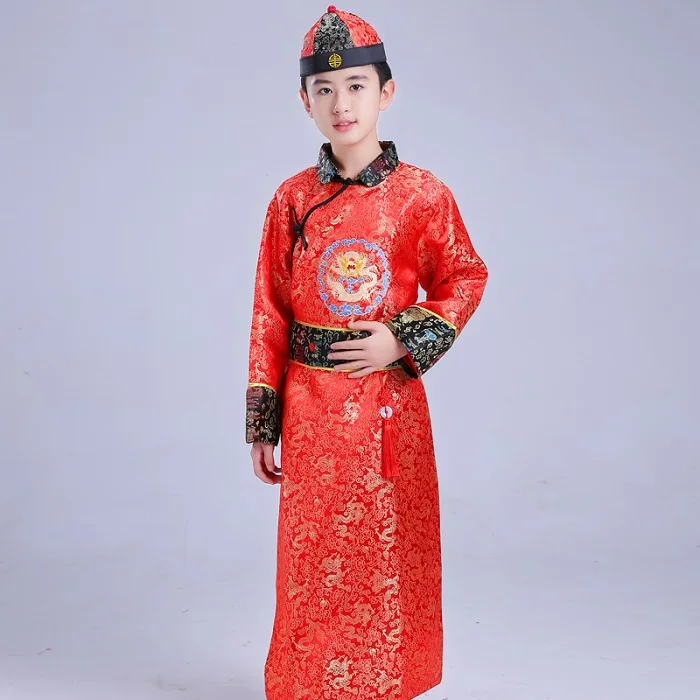 color as picture Красный Желтый Детский костюм китайский Тан костюм ханьфу обувь для мальчиков император король сценические костюмы Тан костюм детский халат+ шляпа набор DWY1315 - Цвет: color as picture