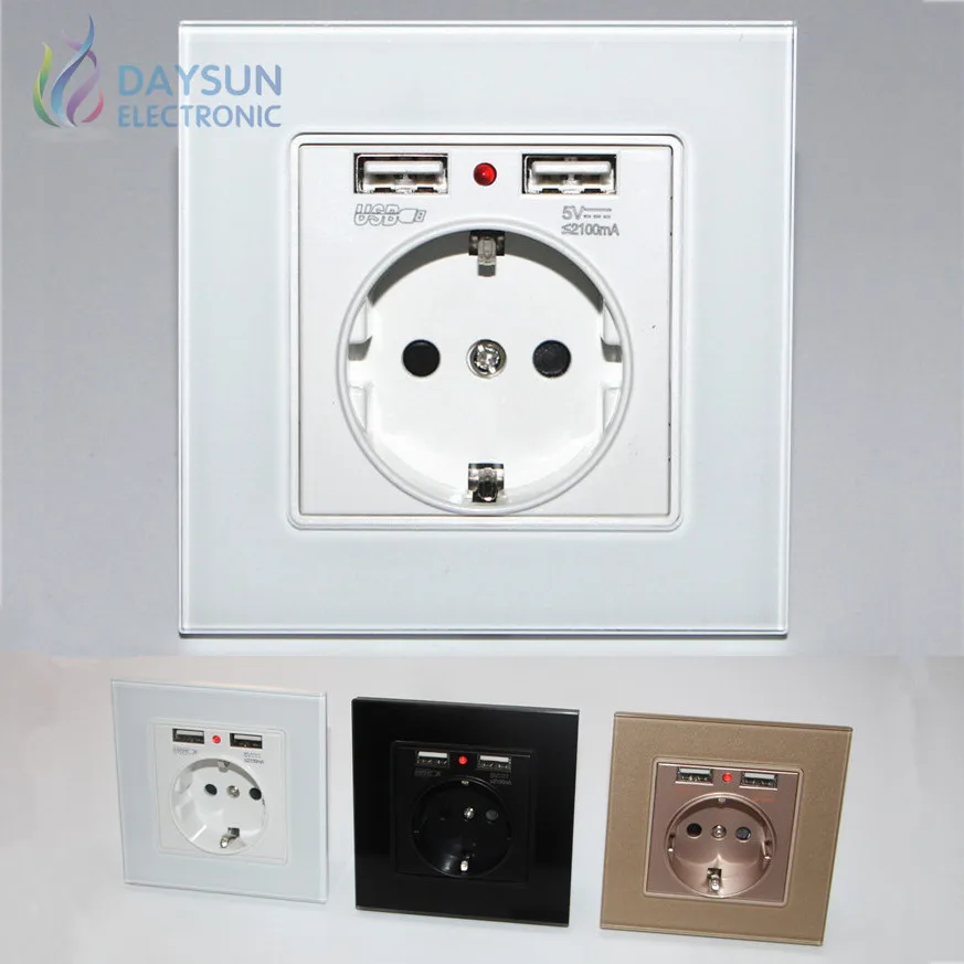 Новая европейская настенная розетка с 2 USB портами кристальная стеклянная панель