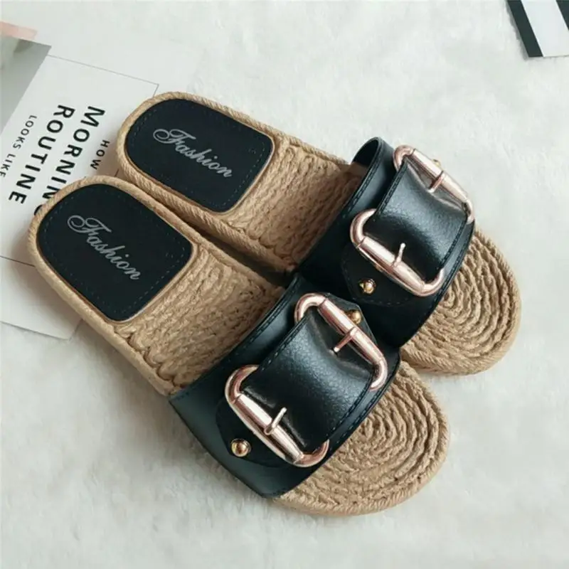 Модные льняные домашние тапочки с пряжкой женская домашняя обувь женские