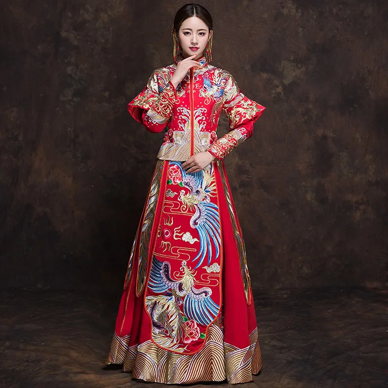 2018 свадебное платье невесты с красным цветком Qipao в национальном китайском стиле