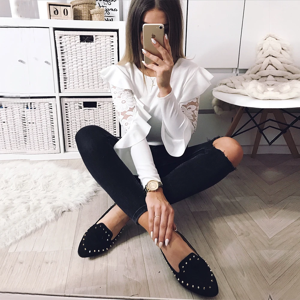 Женская Осенняя кружевная блузка с оборками и цветочным принтом однотонная