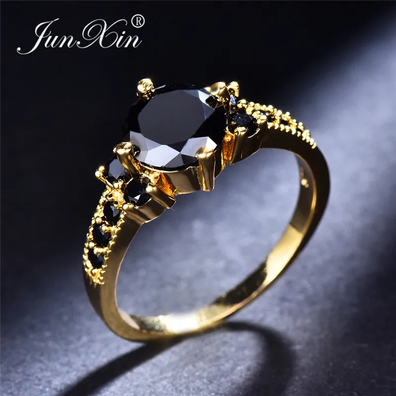Black Ring JUNXIN многоцветный циркон кольца с камнем рождения для женщин мужчин желтого золота заполнены круглый фиолетовый синий обручальное кольцо из кубического циркония женский - Цвет основного камня: Black Ring