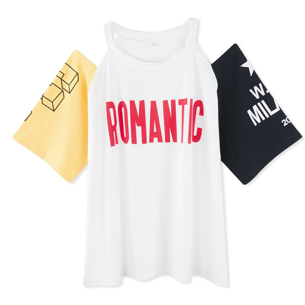 

Neatie kiddie Fashion Korean Style Summer Off Shoulder T-shirt Women Clothes Loose Patchwork Half Sleeve Letter Tshirt Female