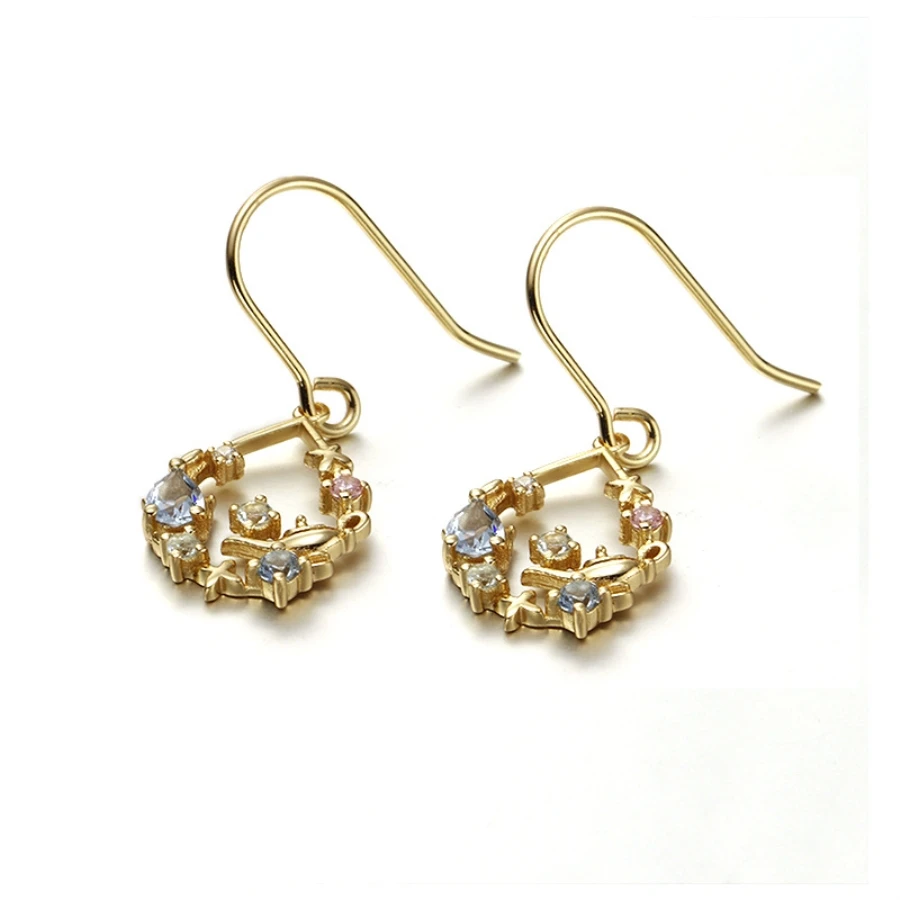 Серьги с аквамариновыми камнями 14 к Золотые кубические циркониевые амулеты