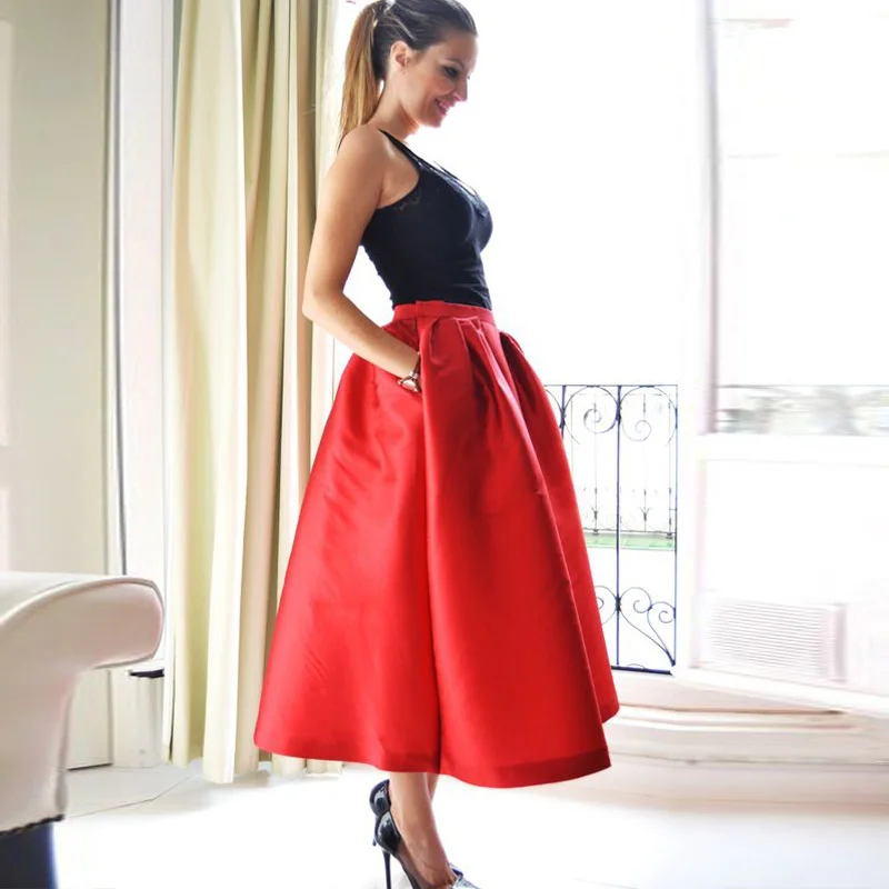 Женские атласные юбки трапециевидной формы длинные красного цвета с карманами
