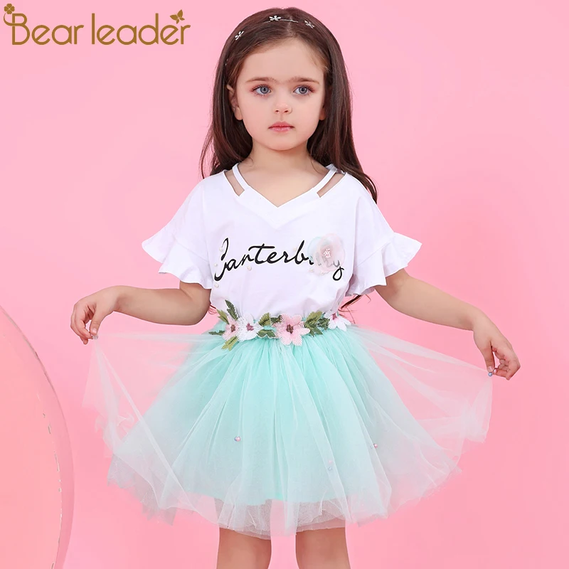 Bear leader/комплекты одежды для девочек г. Новая брендовая одежда для девочек Футболка с рукавами-лепестками и буквами+ юбка из вуали с цветочным рисунком платье для девочек из 2 предметов
