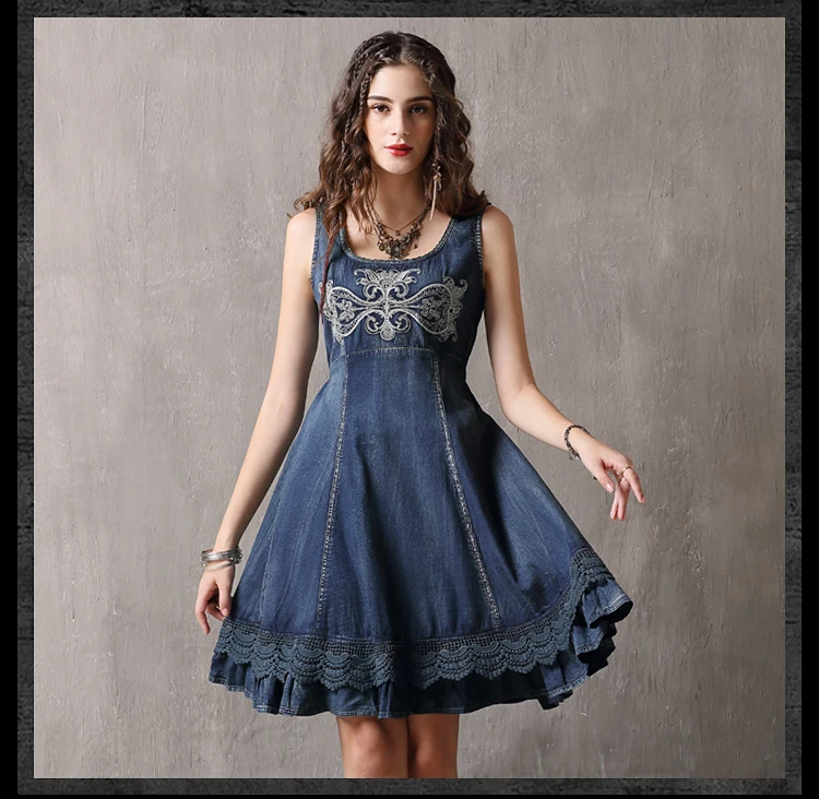 

Womens Summer Vintage Embroidered Ruffle Dress Sleeveless Fashion Female A-Line Ruffles Floral Jeans Boho Dress Vestidos J2955