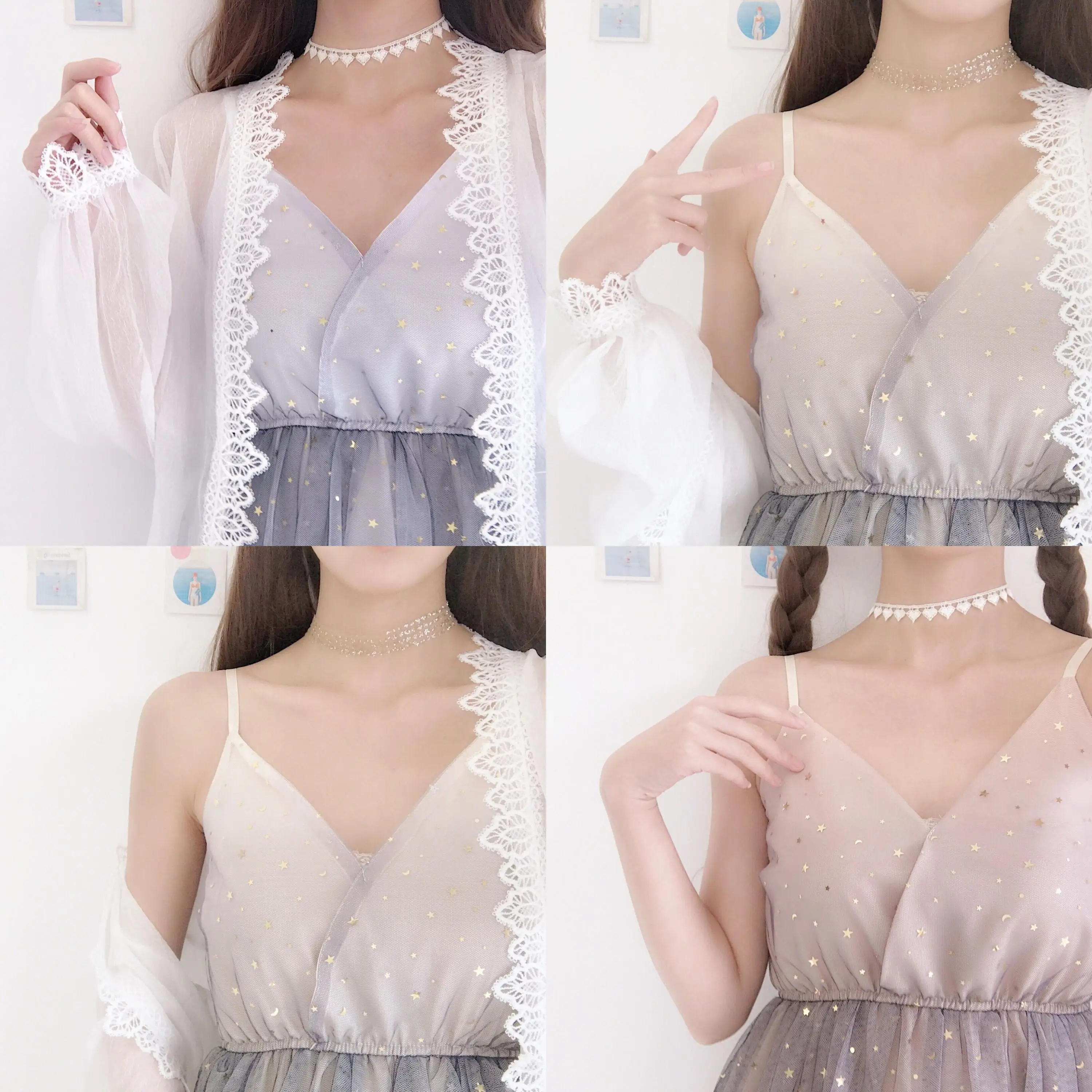 Summer 2019 New Japanese Tens Girls Gradient Color Sling Mesh Dress + Lace Cardigan Top Fashion Temperament Two-piece Suit | Женская