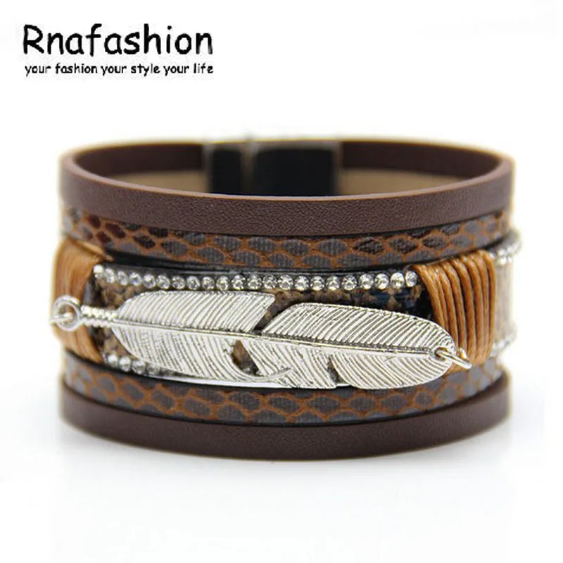 RNAFASHION модный сплав перья листья широкий Магнитный кожаный браслет Многослойные