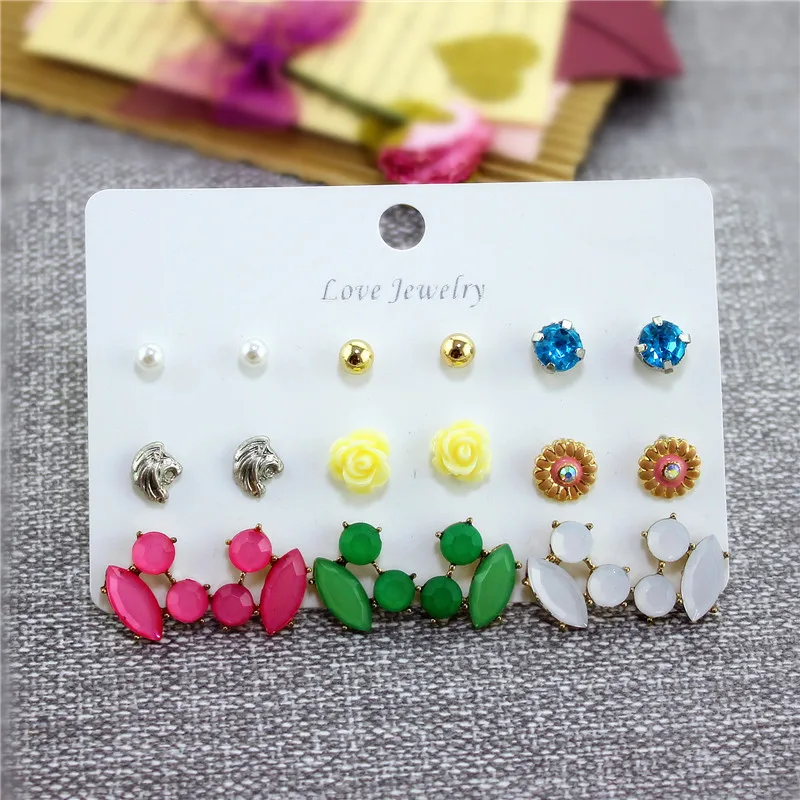 XQ fashion new plant 9 pairs / set of flowers color green white imitation pearl mixed earrings exquisite accessories | Украшения и