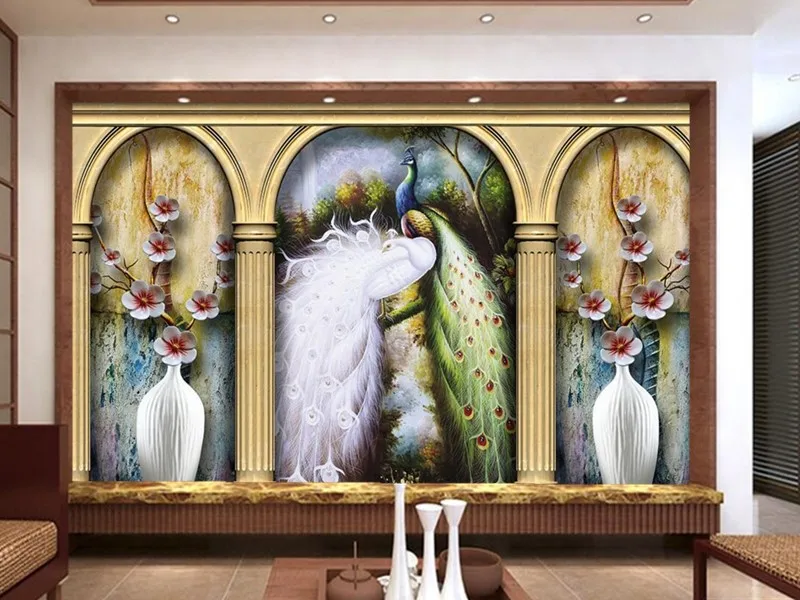 Пользовательские 3D фрески римская колонна Павлин papel де parede ресторан отеля бар