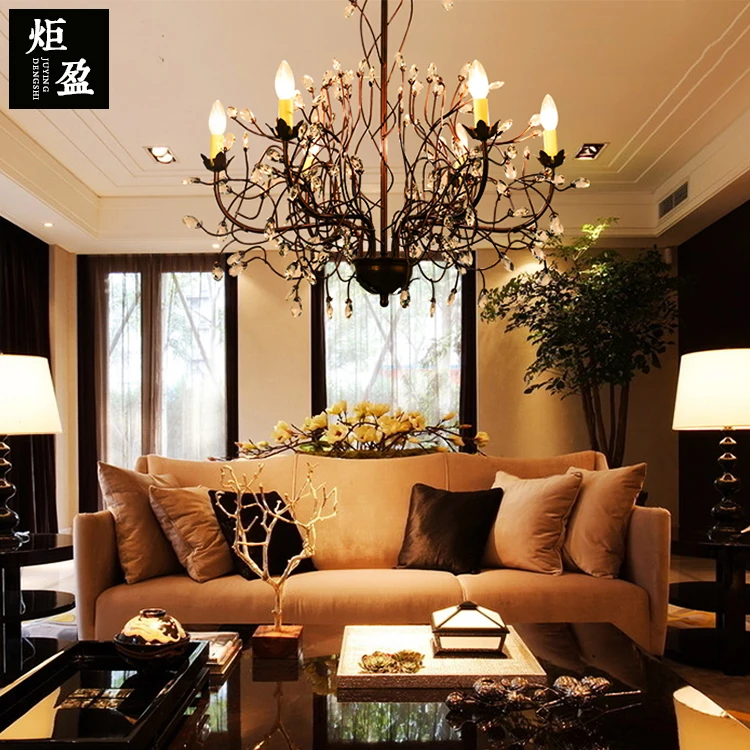 American country village black wrought iron crystal tree branch candle tube chandelier for hotel bar dining room | Освещение