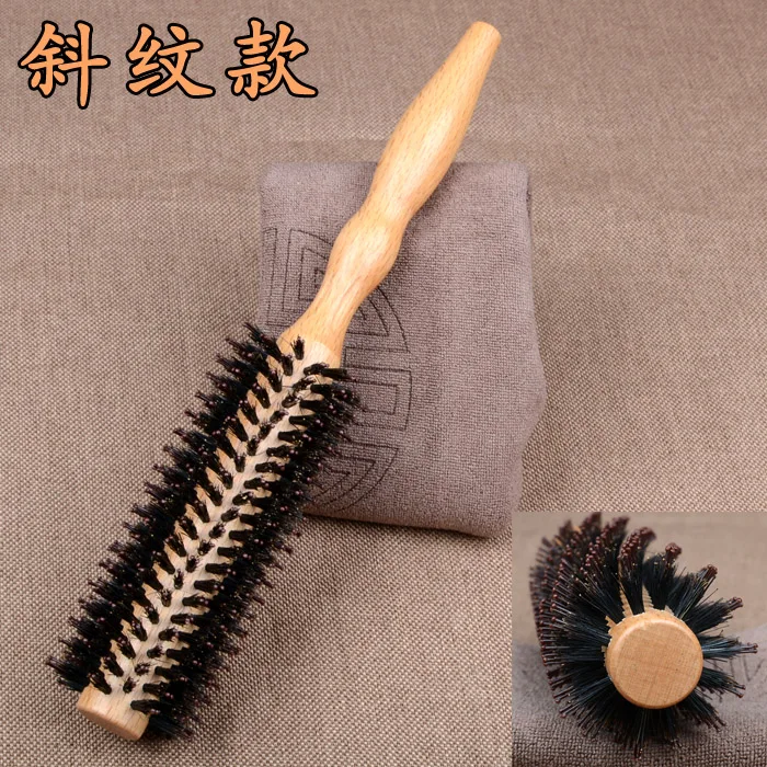 Аутентичный профессиональный расчесывающий гребень с цилиндрическим роликом для сушки волос из дикой кабаньей щетины, выполненный из дерева.