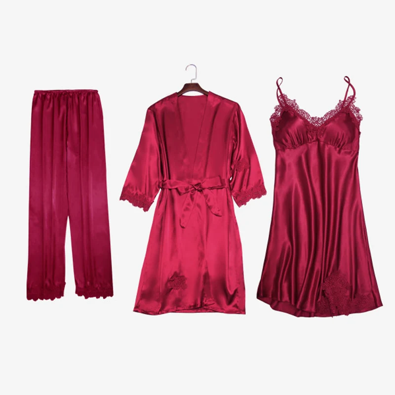 Wine Red 3 pcs Кигуруми Единорог 5 шт сексуальные кружевные пижамы набор женский искусственный шелк полосатый халат набор леди v-образным вырезом домашняя одежда пижамы с нагрудными накладками - Цвет: Wine Red 3 pcs