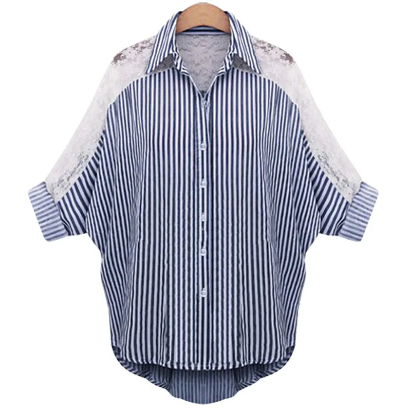 

Plus Size XXXXXXL 6XL-L 2021 Womans Striped Shirts Turn-Down Collar Lace Three Quarter Hollow out Cotton Blouses Hot saleT77927A